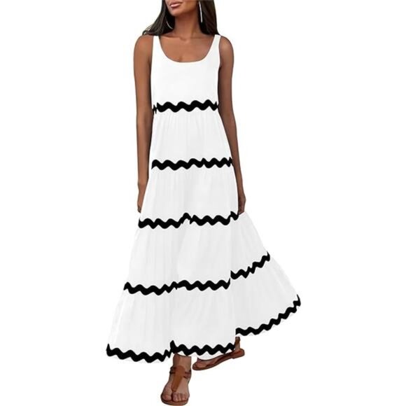 Womens 2024 Summer Sundresses Sleeveless Scoop Neck Tiered Flowy Long Maxi Dress - Picture 7 of 7